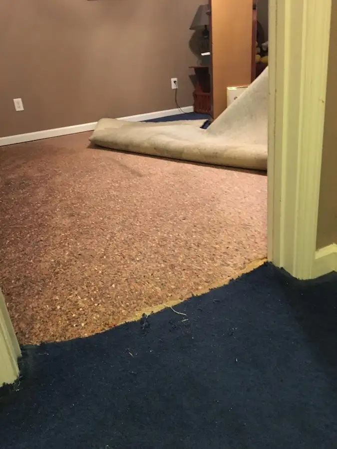 Carpet pad removal revealing water damage during Water Mitigation Services in North Smithfield